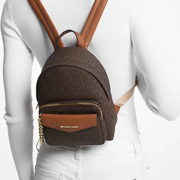 Michael Kors Brown MK Logo Mini Backpack with Tan Card Case - Picture 5 of 5